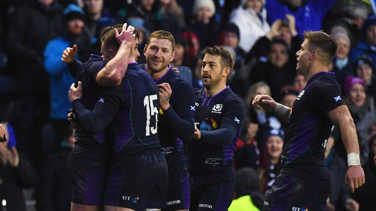 Scotland celebrate their win over Argentina at Murrayfield