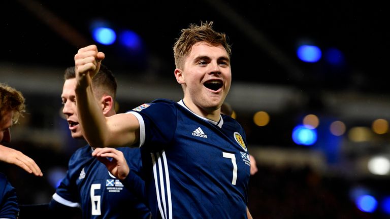 Scotland’s James Forrest celebrates his goal to make it 3-1 against Israel