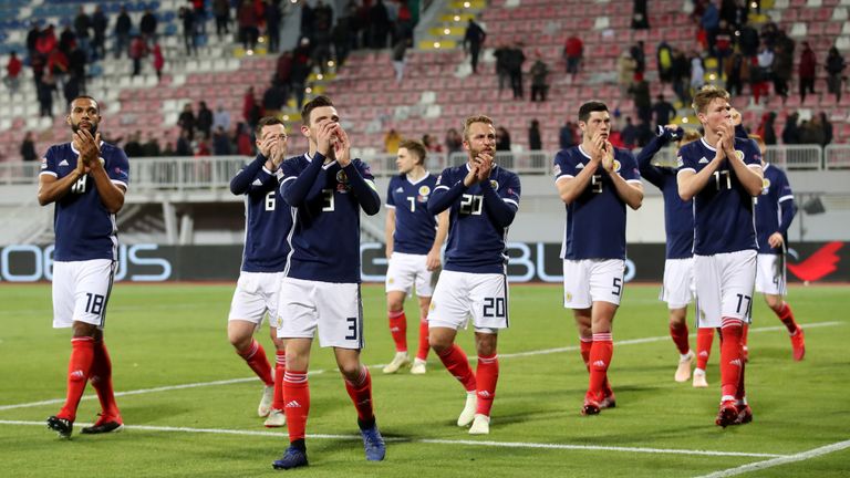 Scotland players react after the final whistle during the UEFA Nations League, Group C1 match at the Loro Borici Stadium, Shkoder. PRESS ASSOCIATION Photo. Picture date: Saturday November 17, 2018. See PA story SOCCER Albania. Photo credit should read: Adam Davy/PA Wire. RESTRICTIONS: Editorial use only, No commercial use without prior permission