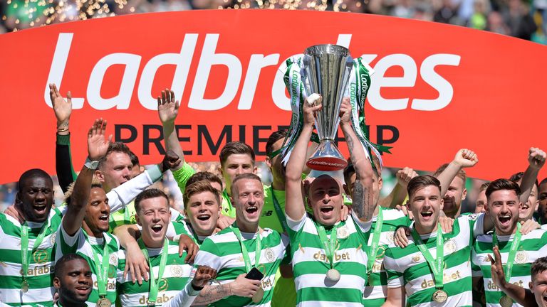 Scott Brown lifts the Scottish Premiership trophy