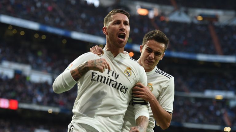 Sergio Ramos of Real Madrid celebrates with Sergio Reguilon after scoring his team's second goal 