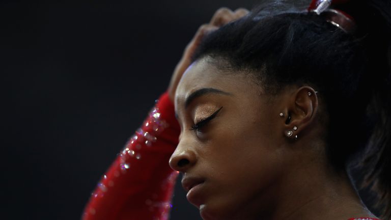 Simone Biles of USA looks on competes during day nine of the 2018 FIG Artistic Gymnastics Championships at Aspire Dome on November 3, 2018 in Doha, Qatar