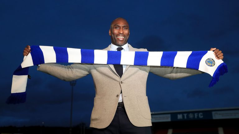 New Macclesfield Town manager Sol Campbell poses for a photo after his press conference at Moss Rose