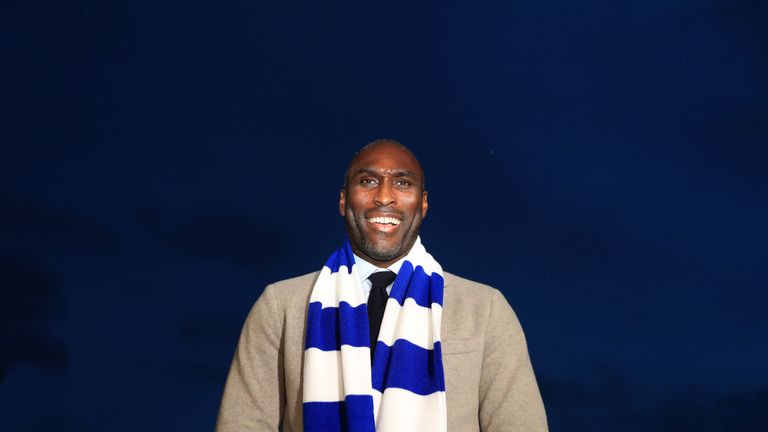 New Macclesfield Town manager Sol Campbell poses for a photo after his press conference at Moss Rose
