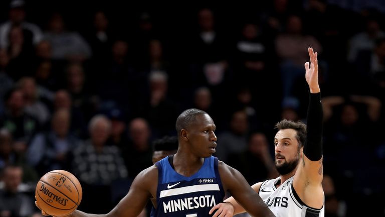 MINNEAPOLIS, MN - NOVEMBER 28: Gorgui Dieng #5 of the Minnesota Timberwolves handles the ball against the San Antonio Spurs on Novemeber 28, 2018 at Target Center in Minneapolis, Minnesota. NOTE TO USER: User expressly acknowledges and agrees that, by downloading and or using this Photograph, user is consenting to the terms and conditions of the Getty Images License Agreement. Mandatory Copyright Notice: Copyright 2018 NBAE (Photo by Jordan Johnson/NBAE via Getty Images)