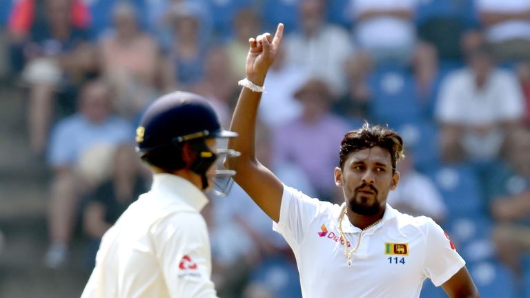 Suranga Lakmal celebrates the wicket of England opener Keaton Jennings in Kandy