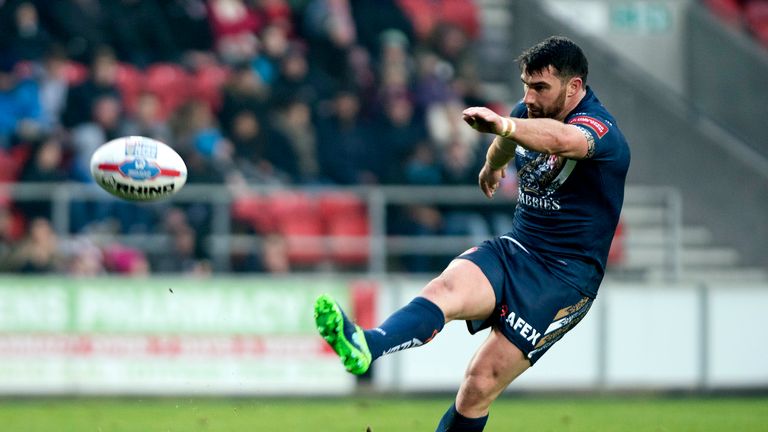 Matty Smith of St Helens scores a conversion during the Karalius Cup match between St Helens and Widnes at The Totally Wicked Stadium on January 22, 2017 in St Helens, England 