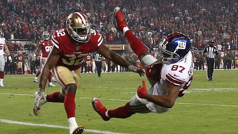 Sterling Shepard #87 of the New York Giants catches a three-yard touchdown against the San Francisco 49ers during their NFL game at Levi&#39;s Stadium on November 12, 2018 in Santa Clara, California.