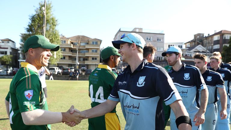 David Warner of Randwick-Petersham and Steve Smith of Sutherland xx during the Sydney Grade Cricket One Day match between Randwick-Petersham and Sutherland at Coogee Oval on November 10, 2018 in Sydney, Australia.