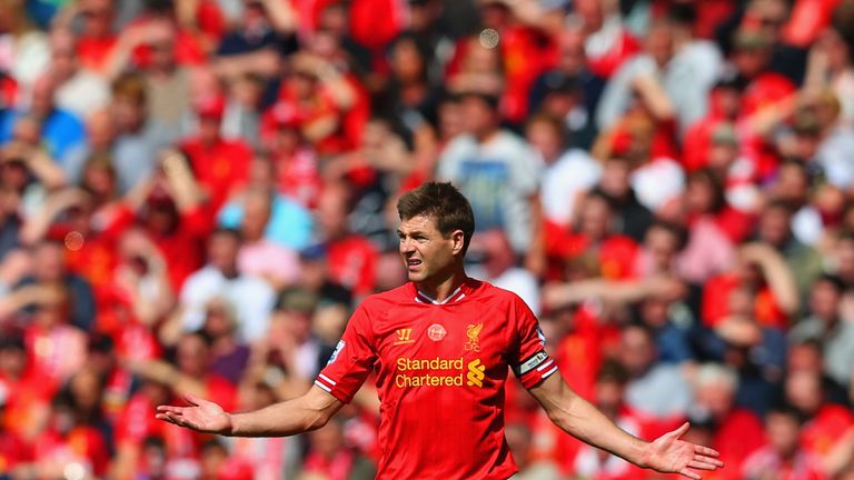 LIVERPOOL, ENGLAND - APRIL 27:  Steven Gerrard of Liverpool looks on during the Barclays Premier League match between Liverpool and Chelsea at Anfield on April 27, 2014 in Liverpool, England.  (Photo by Clive Brunskill/Getty Images)