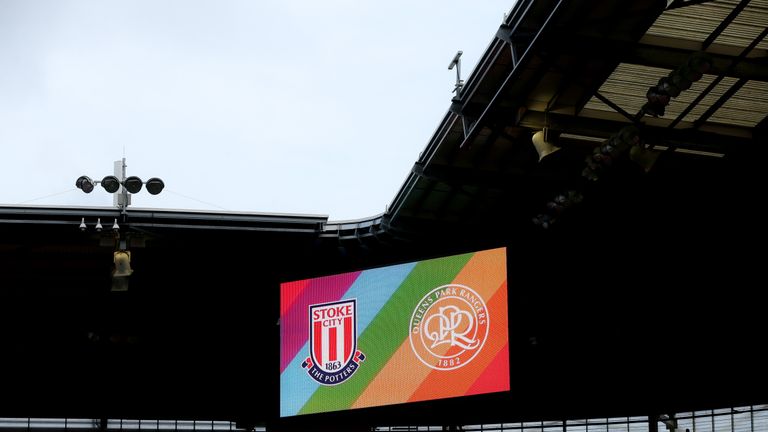 Stoke City's stadium displays a rainbow themed scoreboard before the Sky Bet Championship match against QPR at the bet365 Stadium