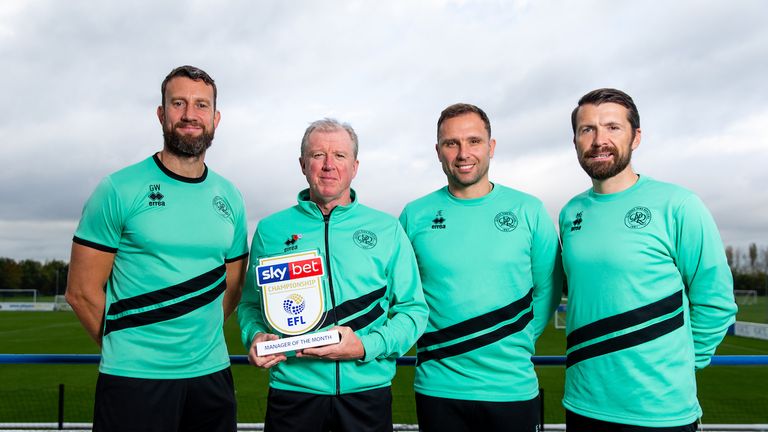 Manager Steve McClaren of Queens Park Rangers is presented with the Sky Bet Championship Manager of the Month Award for October 2018, alongside his staff Matty Gardiner, John Eustace, Gavin Ward - Rogan/JMP - 06/11/2018 - FOOTBALL - Imperial College Sports Ground - Harlington, England.