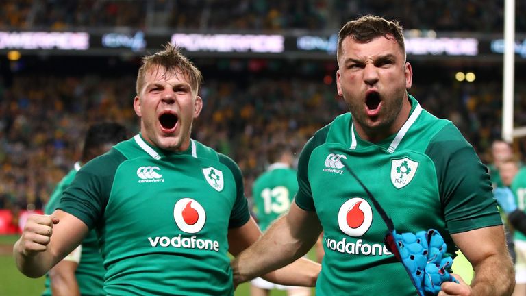 Tadhg Beirne celebrates after Ireland's series-clinching win over Australia in June