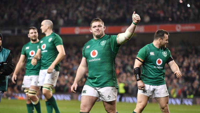 DUBLIN, IRELAND - NOVEMBER 17: Tadhg Furlong of Ireland celebrates after the International Friendly rugby match between Ireland and New Zealand on November 17, 2018 in Dublin, Ireland. (Photo by Charles McQuillan/Getty Images)
