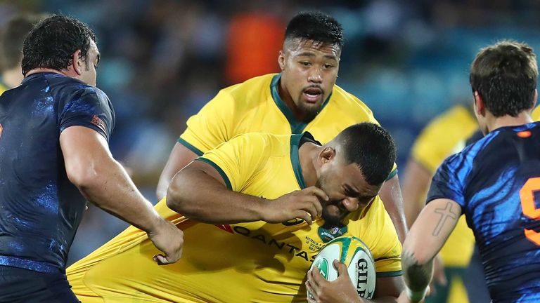 Taniela Tupou carries for the Wallabies against Argentina