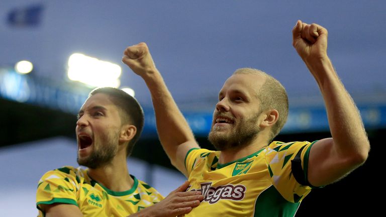 Norwich City's Teemu Pukki celebrates with team-mate Moritz Leitner after he scores his sides first goal.