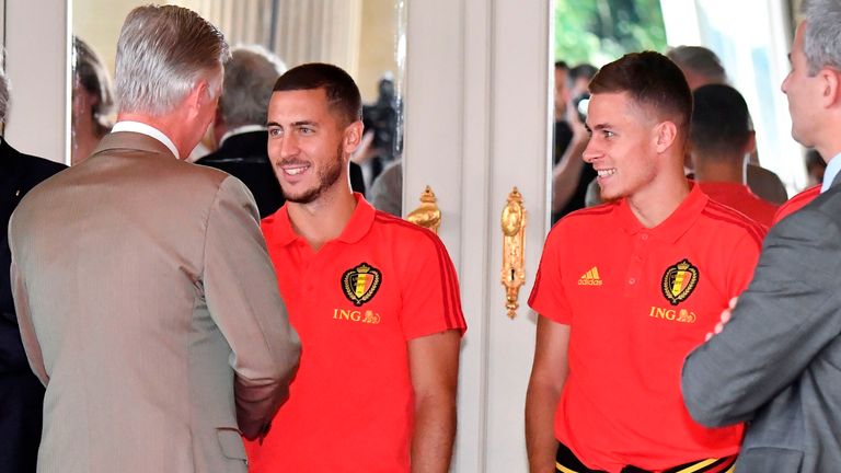 King Philippe of Belgium congratulates Eden and Thorgan Hazard at a reception for the national team following the 2018 World Cup