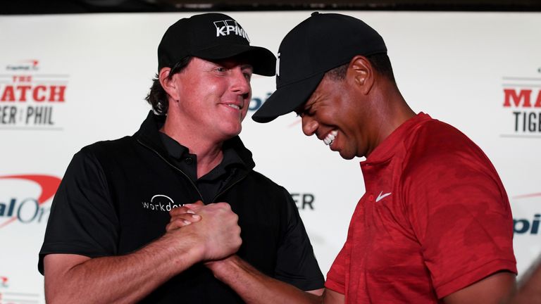 Tiger Woods and Phil Mickelson during a practice round before The Match at Shadow Creek Golf Course on November 20, 2018 in Las Vegas, Nevada. 