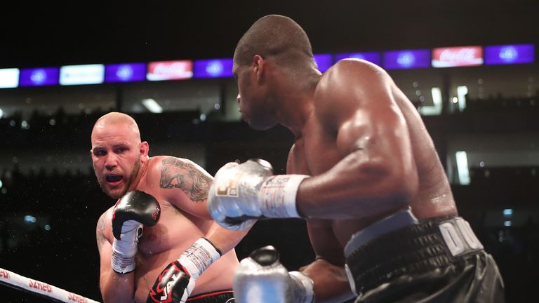 Daniel Dubois (right) and Tom Little during the English Heavy Weight Championship Contest at The O2, London.