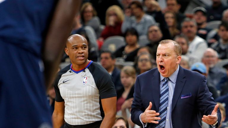 Tom Thibodeau head coach of the Minnesota Timberwolves goes wild after a turnover went in favor of the San Antonio Spurs in season opener at AT&T Center on October 17 , 2018 in San Antonio, Texas.