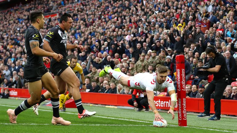 Tommy Makinson of England touches down to score a try during the International Series second test match between England and New Zealand at Anfield on November 4, 2018 in Liverpool, England