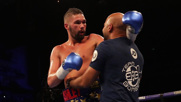 Tony Bellew and Dave Coldwel celebrate victory after Heavyweight fight between Tony Bellew and David Haye at The O2 Arena on May 5, 2018 in London, England.