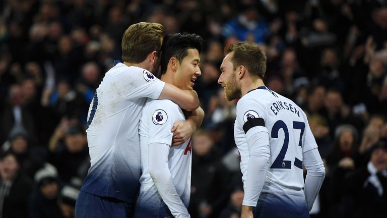 Son and Eriksen during the Premier League match between Tottenham Hotspur and Chelsea FC at Tottenham Hotspur Stadium on November 24, 2018 in London, United Kingdom.