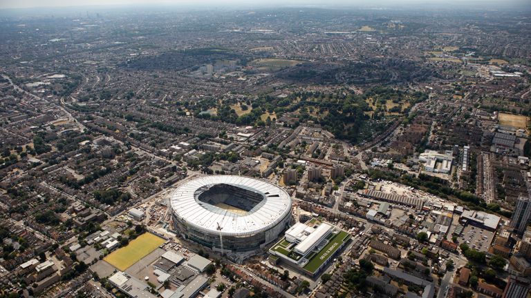 An aerial view as work continues on Tottenham Hotspur's new stadium at White Hart Lane on July 16, 2018
