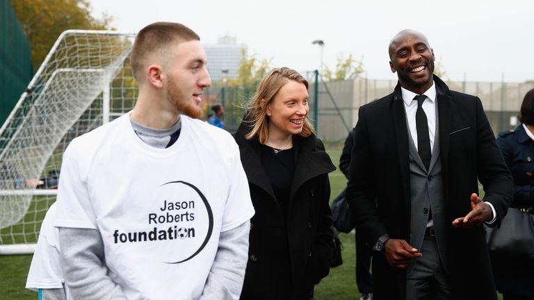 Minister of Sport, Tracey Crouch, Sport England Director of Community Sport, Mike Diaper and Ex Professional Footballer Jason Roberts of The Jason Roberts Foundation as they visit the Sports Pavillion at The Hyde to Unveil New Funding for Some of London's Most Disadvantaged Communities on October 27, 2015 in London, England.