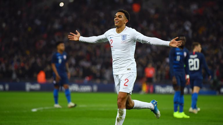 Trent Alexander-Arnold celebrates his first international goal