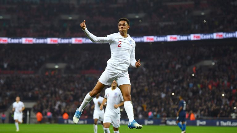 Trent Alexander-Arnold celebrates his first international goal
