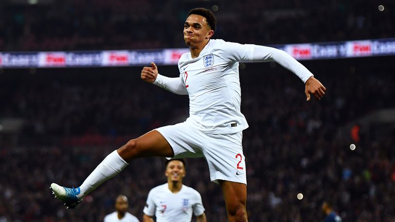Trent Alexander-Arnold of England celebrates after scoring his team's second goal the International Friendly match between England and United States at Wembley Stadium on November 15, 2018 in London, United Kingdom.