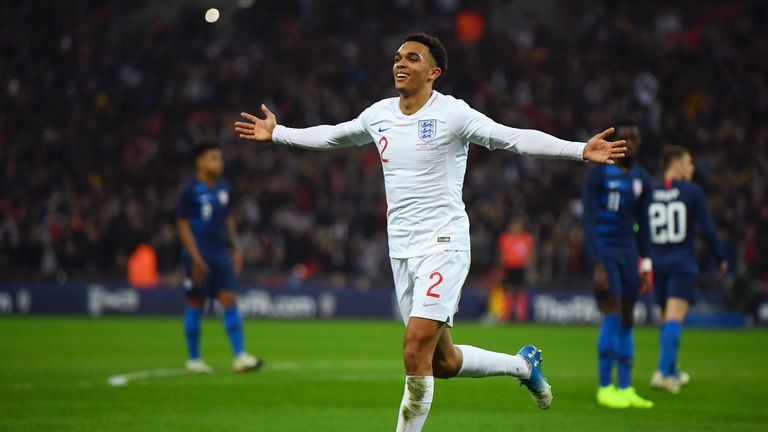 Trent Alexander-Arnold celebrates his goal during England's 3-0 win over USA