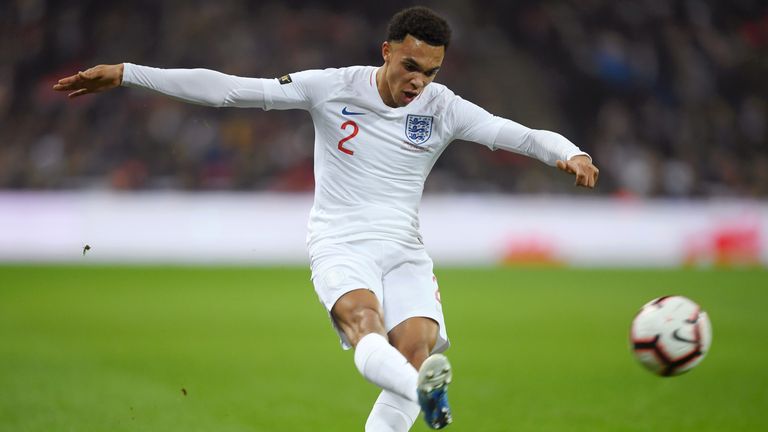 Trent Alexander-Arnold of England crosses during the International Friendly match between England and United States at Wembley Stadium on November 15, 2018 in London, United Kingdom.