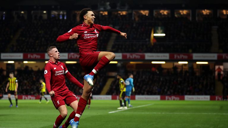 Trent Alexander-Arnold celebrates his goal against Watford