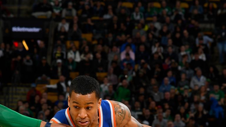 Trey Burke #23 of the New York Knicks handles the ball against the Boston Celtics on November 21, 2018 at TD Garden in Boston, Massachusetts. 