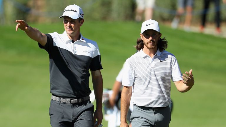 Justin Rose and Tommy Fleetwood of England make their way down the fairway during Day One of the Turkish Airlines Open at the Regnum Carya Golf & Spa Resort on November 1, 2018 in Antalya, Turkey. 