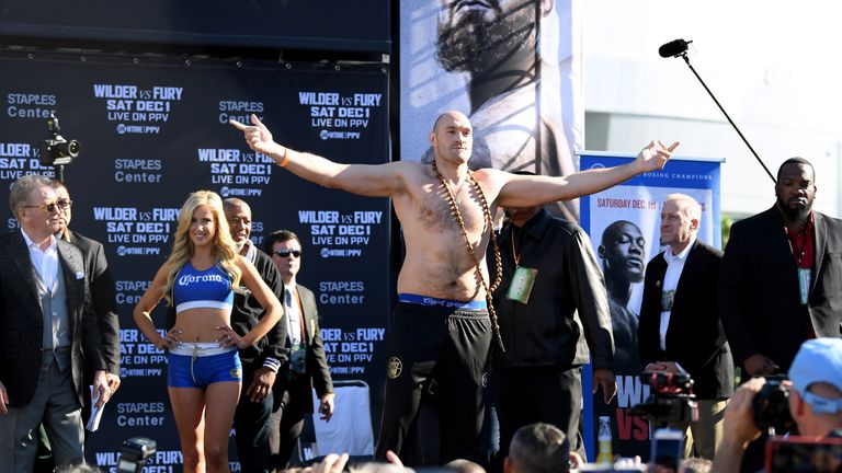 during the Deontay Wilder v Tyson Fury weigh-in at Los Angeles Convention Center on November 30, 2018 in Los Angeles, California.