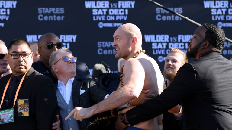 during the Deontay Wilder v Tyson Fury weigh-in at Los Angeles Convention Center on November 30, 2018 in Los Angeles, California.