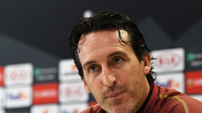 Arsenal head coach Unai Emery attends a Europa League press conference at London Colney