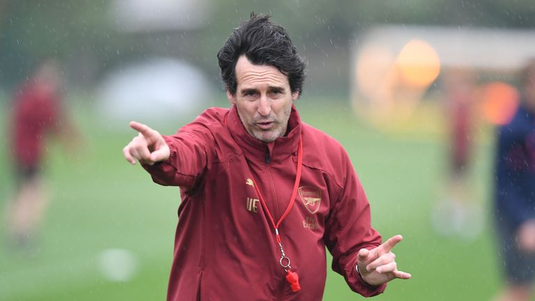 Arsenal head coach Unai Emery during a training session at London Colney