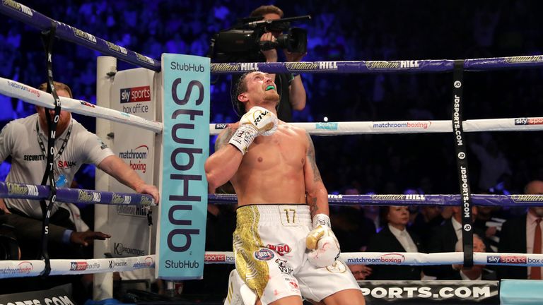 Oleksandr Usyk of Ukraine celebrates victory over Tony Bellew of England after the WBC, WBA, WBO, IBF & Ring Magazine World Cruiserweight Title Fight between Oleksandr Usyk and Tony Bellew at Manchester Arena on November 10, 2018 in Manchester, England.  