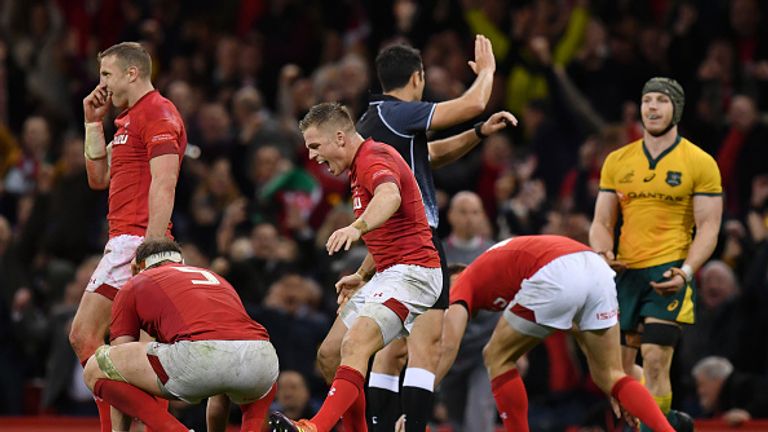 Wales celebrate ending their losing run against Australia with a tight home victory over the Wallabies