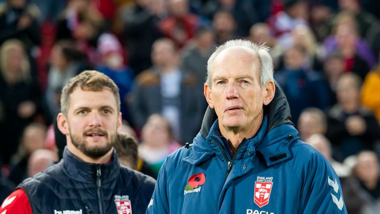 England's coach Wayne Bennett watches his side defeat New Zealand.