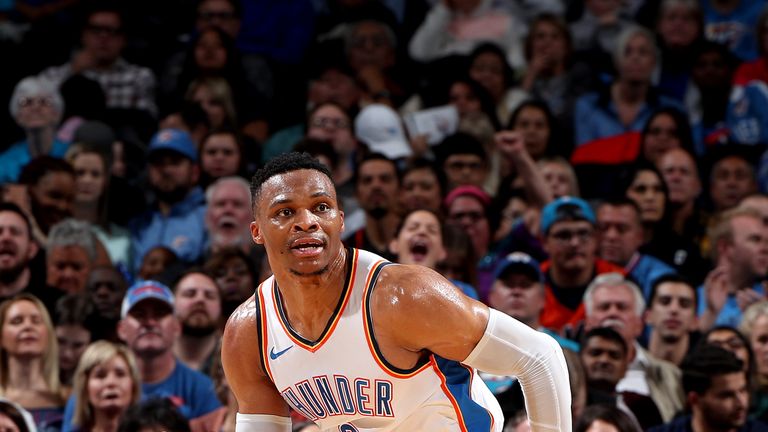 OKLAHOMA CITY, OK - NOVEMBER 28: Russell Westbrook #0 of the Oklahoma City Thunder handles the ball against the Cleveland Cavaliers on November 28, 2018 at Chesapeake Energy Arena in Oklahoma City, Oklahoma. NOTE TO USER: User expressly acknowledges and agrees that, by downloading and or using this photograph, User is consenting to the terms and conditions of the Getty Images License Agreement. Mandatory Copyright Notice: Copyright 2018 NBAE (Photo by Joe Murphy/NBAE via Getty Images)