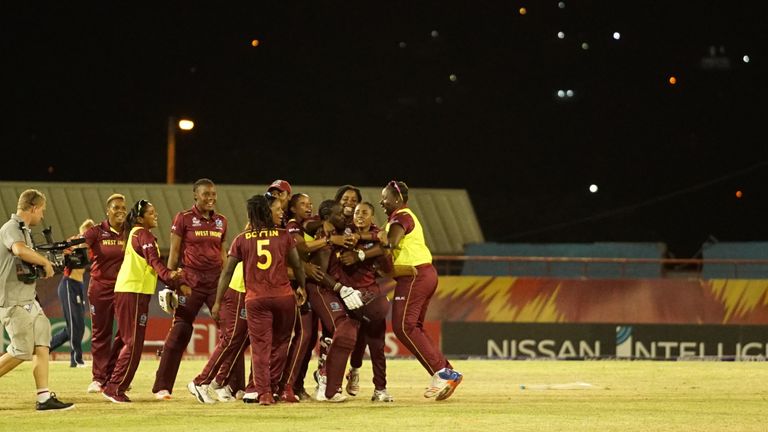 Windies Women celebrate after beating England Women by four wickets in Gros Islet