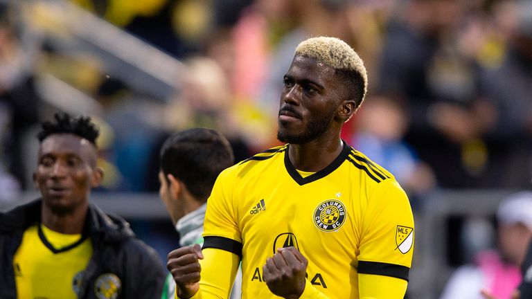 Nov 4, 2018; Columbus, OH, USA; Columbus Crew SC forward Gyasi Zardes (11) celebrates after a 1-0 victory against the New York Red Bulls at Mapfre Stadium. Mandatory Credit: Joe Maiorana-USA TODAY Sports