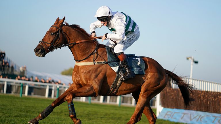 Jamie Moore riding Baron Alco clear the last to win the BetVictor Gold Cup Handicap Chase at Cheltenham