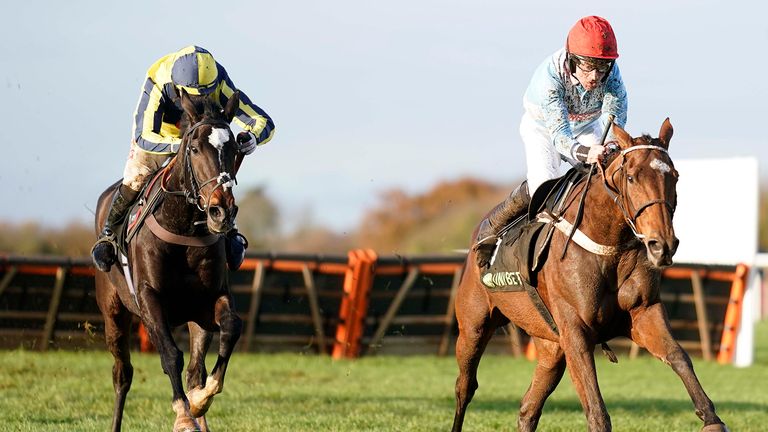 Jeremiah McGrath riding Verdana Blue (red cap) clear the last to win the Unibet Elite Hurdle at Wincanton