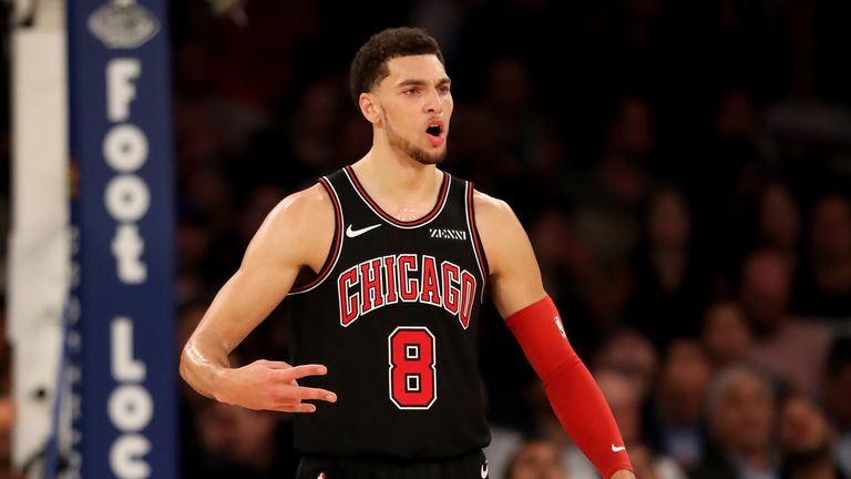 Zach LaVine celebrates a basket during Chicago's double-overtime win in New York
